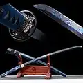 SCJSHU 103cm Blaues Ahornblatt Katana,Hundert raffiniertes Muster Stahl gegrillt Blaue Leitermuster Klinge,Eisenhandschutz,Handgefertigte Samurai-Schwerter für Geschenk,Display,Sammlung, Blue 103cm