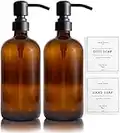 Vine Creations Amber Glass Soap Dispenser 2 Pack, Thick 16oz Bottles Rustproof Stainless Steel Pump, Kitchen Bathroom Accessories, Hand Soap & Dish Soap Dispenser, with Waterproof Labels (Matte Black)