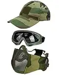 Hodeacc Lot de 3 Masques Tactiques pour Airsoft, Masque de Baseball, Demi-Visage réglable en Maille avec Protection des Oreilles, Lunettes Anti-UV, Protection des Yeux