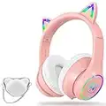 LOBKIN Cuffie Bluetooth per bambini con borsa - LED RGB illuminate con orecchie di gatto Supporto per cuffie auricolari regolabili pieghevoli Modalità wireless o cablata da per bambini e bambine