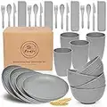 FOODLE Wheat Straw Dinnerware Sets for 4 - Lightweight & Unbreakable - Microwave & Dishwasher Safe - Perfect for Picnic, Dorm, RV Dishes - Camping Plates Cups and Bowls Set - Great for Kids & Adults