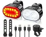 OneAmg Luces Bicicleta Kit Recargable USB, Super Brillante Luces Bicicleta Delantera y Trasera IPX5 Impermeable y Campana de Luz Bicicleta, Luces para Bicicleta Potentes de Montaña y Carretera