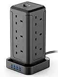 Extension Lead Tower 5M, 12 Way Outlets Tower Power Strip Surge Protector with 4 USB Ports (3.1A), 3250W/13A Extension Cord, Overload Protection, EURPMASK Extension Plug for Home Office School - Black