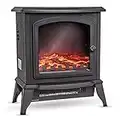 FiNeWaY Electric Stove Heater with Log Burner Flame Effect Fire – 2000W, Black – Freestanding Fireplace with Wood Burning LED Light – Adjustable Temperature 2 Heat Settings & Flame With Large Window