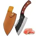 Fubinaty 6 Inch Chef Knife Professional Handmade Forged Kitchen Knives Multipurpose High Carbon Steel Cooking Knife with Leather Sheath and Full Tang Solid Wood Handle for Home, Camping, BBQ