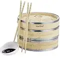 VonShef Bamboo Steamer with Stainless Steel Banding – 20cm / 8” Two Tier - Includes 2 Pairs of Chopsticks & 50 Wax Papers