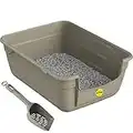 Grey Large Cat Kitten Litter Tray Box + Waste Scoop Set High Sided Deep Toilet Loo Adult Cats Kitten Pan Pet Loo Easy Cleaning Lowered Entry Step 11.5cm Easy Access Elderly Cat Trays CatCentre®