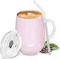 Amazon Brand - Umi Coffee Cup with Handle,360ml Stainless Steel Coffee Mug for Hot Cold Drinks,Double Wall Vacuum Insulated Travel Mug with Straw and 2 Lids,BPA-Free for Tea,Juice,Beer,Wine,Pink