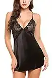 wearella Camicie da Notte Donna in Pizzo Babydoll Satin Backless con Biancheria Intimo Sexy Scollo a V Pigiama Nero XXL