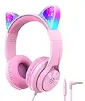 iClever Kids Headphones with Microphone, Cat Ear Led Light Up, HS20 Wired Headphones -Shareport- 94dB Volume Limited, Foldable Over-Ear Headphones for Kids Gifts/School/Kids Tablet/Travel