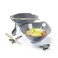 Henten Home Tazón de Ramen Japonés, Tazones de Sopa con Asas - 900ML, Juego de Vajilla de Tazones con Palillos y Cuchara, Juego de Tazones para Microondas para Fideos Asiáticos - 2 Tazones Grises