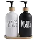 Beautiful Kitchen Hand and Dish Soap Dispenser Set with Wooden Base | Dispenses Dishsoap and Hand Wash Liquid | Black Fortified Glass Bottles with Pump | Refillable | Stylish Black White