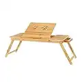 SONGMICS Table de lit pliable,Petite table en bambou pour ordinateur portable,pour Gaucher et Droitier, Plateau ajustable 5 positions, 72 x (21-29) x 35 cm ,Trous d’aération,Petit tiroir LLD004