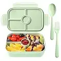 Bento Box Kids Lunch Containers for Kids with 4 Compartments Kids Bento Lunch Box Microwave Safe (Flatware Included,Light Green)