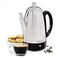 West Bend 54159 Coffee Percolator Classic Stainless Steel Electric with Heat Resistant Handle and Base Features Detachable Cord, 12-Cup, Silver