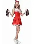 GRAJTCIN Womens Cheerleader Costume High School Girl Halloween Party Cheerleading Outfit with Pom Pom(Large, Red)