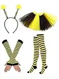 JUNRU 4 Pieces Bee Costume Kit, Bee Bopper Antenna Headband, Tutu Skirt, Bee Striped Leg Warmers Knee Thigh High Stocking