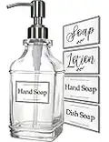 JASAI Antique Design Soap Dispenser with Rust Proof 304 Stainless Steel Pump, Refillable Clear Glass Soap Dispenser with 10Pcs Clear Stickers, Premium Kitchen & Bathroom Soap Dispenser