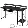 Rolanstar Computer Desk with Power Outlet and Keyboard Tray Monitor Stand 55", Home Office Writing Desk, Rustic Style Workstation Table with Storage Shelves,Stable Metal Frame, Black