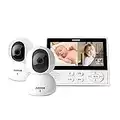 Aizzos Baby Monitor with 2 Cameras, 720P 5" Split Screen Dual Video Baby Monitor 4000mAh No WiFi with 2-Way Talk, Invisible Night Vision, Remote PTZ, Lullabies, Vox/Power Saving