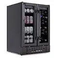NewAir 24” Wine and Beverage Refrigerator and Cooler, 18 Bottle and 60 Can Capacity, Built-in Dual Zone Fridge in Black Stainless Steel with French Doors