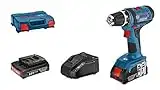 Bosch Professional 18V System perceuse-visseuse sans-fil GSR 18-2-LI (couple maxi (dur/tendre) : 63/24 Nm, avec 2 batteries de 2,0 Ah, chargeur GAL 18 V-20, L-Case), Couleur, Size