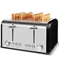 Toaster 4 Slices, Cusimax Stainless Steel Toaster with 4 Extra-Wide Bread Slots and 6 Variable Browning Shade Controls, Featuring with Defrost, Reheat and Cancel Settings, Removable Crumb Tray, Black