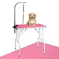 LEIBOU Pet Dog Grooming Table Foldable Grooming Table Heavy Duty Iron Frame with Arm & Noose for Dog Cat Pet Grooming (32'', Pink)