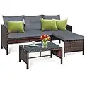 Tangkula Patio Corner Sofa Set 3 Piece, Outdoor Rattan Sofa Set, Includes Lounge Chaise, Loveseat & Coffee Table, Patio Garden Poolside Lawn Backyard Furniture (Grey)