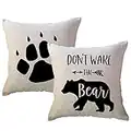 2Pack Bear Throw Pillow Cover Don’t Wake The Bear Black Bear Beige Background Cushion Covers Bear Paw Cabin/Camper Decorative Pillowcases 18x18 Inch