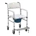 COSTWAY Commode Wheelchair, Height Adjustable Toilet Shower Chair with Removable Pot, Folding Pedal and Sponge Cushion, Mobile Bedside Commodes for Elder, Disabled People