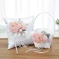 JFBUCF Juego de almohada para anillos de boda y cesta para niña de flores, cesta de flores de satén blanco con flores rosas y lazo de perlas, almohada de anillo marfil para bodas, 22 x 14 x 10 cm