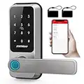 Smart Lock with Handle, Zomnua Fingerprint Front Door Smart Lock Keyless Entry Door Lock Bluetooth Door Lever Digital Keypad Alexa Compatible for Home House Airbnb Office Silver