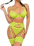 popiv Woman Fishnet Lingerie Sexy Set Lace Bra and Panty Sets with Garter Belt 4 Piece Neongreen