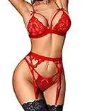 RSLOVE Women Lace Garter Lingerie Set Teddy Strap Babydoll Strappy Bra and Panty Set (Small, Red)