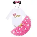 FYMNSI Baby Girl 1st First Birthday Outfit Cake Smash Set Minnie Costume One Year Party Cotton Long Sleeve Romper Vest Polka Dots Tutu Skirt Ear Bowknot Headband 3pcs Photo Props Hot Pink 1 Year