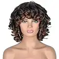 Mios Short Afro Curly Wigs for African American Women Kinky Curly Hair Wig with Bangs 2 Tones Ombre Dark Brown Big Bouncy Fluffy Loose Wave Curly Synthetic Hair Wig (13 INCH, 2T30), Curlywig2T30