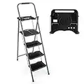 Giantex 4 Step Ladder with Utility Tray, Folding Step Stool with Anti-Slip Footpads, 330 lbs Wide Pedal, Convenient Handgrip, Portable Steel Ladder for Office Home Use