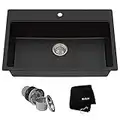 KRAUS 31 Inch Dual Mount Single Bowl Granite Kitchen Sink w/Topmount and Undermount Installation in Black Onyx