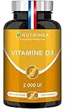 VITAMINE D3 – 100% Pure – 2000 UI – 1000% des Apports Journaliers – Santé des Os & des Dents - Immunité - 60 Gélules – Nutrimea - Fabriqué en France