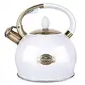 SUSTEAS Stove Top Whistling Tea Kettle-Surgical Stainless Steel Teakettle Teapot with Cool Touch Ergonomic Handle,1 Free Silicone Pinch Mitt Included,2.64 Quart(WHITE)