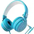 RockPapa Cascos Diadema para Niños,Estéreo Plegables Circumaural Auriculares,Auriculares con Microfono Cascos con Cable Niños para PC/Mac/Switch/Android/iOS-Blanco Azul