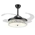 OUKANING Crystal Ceiling Fan Lights LED Chandelier Variable Speed Retractable Fan with Remote Mute Ceiling Fans for Dining Room/Bedroom 42 inch (Black)
