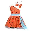 Toddler Kids Infant Baby Girl Pebbles Flintstone Costume Historical Stone Age Cavegirl Halloween Cosplay Fancy Dress Up One Shoudler Dress Bone Bowknot Headband 1st Birthday Outfit Orange 6-12 Months