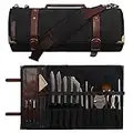 Manjushri Elegant and Light 12 Slots Professional Waxed Canvas & Genuine Leather Chef Knife Roll Bag Case with 4 Zipper Pouch Knife Organiser (Walnut Brown)