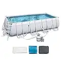 Bestway Power Steel 18' x 9' x 48" Rectangular Metal Frame Above Ground Outdoor Swimming Pool Set with 1,500 GPH Filter Pump, Ladder, and Pool Cover