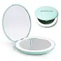 wobsion LED Lighted Travel Makeup Mirror, 1x/10x Magnification, Compact, Portable for Handbag, Purse, Pocket, 3.5 inch Illuminated, Folding, Handheld, 2-Sided , Round, Cyan