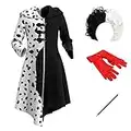 Disfraz de Cruella Deville para Niñas 101 Dálmatas Cruela Vestido Cosplay Fiesta Cumpleaños Navidad Costume de Halloween Vestido Abrigo con Guantes Peluca Soporte para Cigarrillos 4pcs 9-10 años