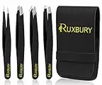 Ruxbury 4pcs Tweezers for facial hair women & men Professional Stainless Steel black color coated precision tweezers Slanted & Pointed Tip eyebrow tweezers for Ingrown Hair tweezers with leather pouch