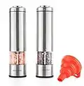 GZOOGHOME Electric Salt and Pepper Mill Grinder Set - Battery Operated Automatic One Handed Pepper Salt Mill with Funnel and Bottom Cap - Ceramic Grinders with Lights and Adjustable Coarseness